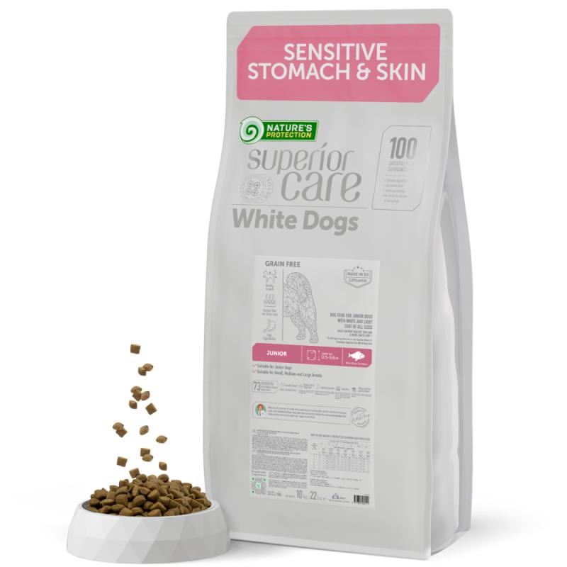 Nature's Protection Superior Care dry grain free pet food with white fish for growing dogs of all sizes with white coat
