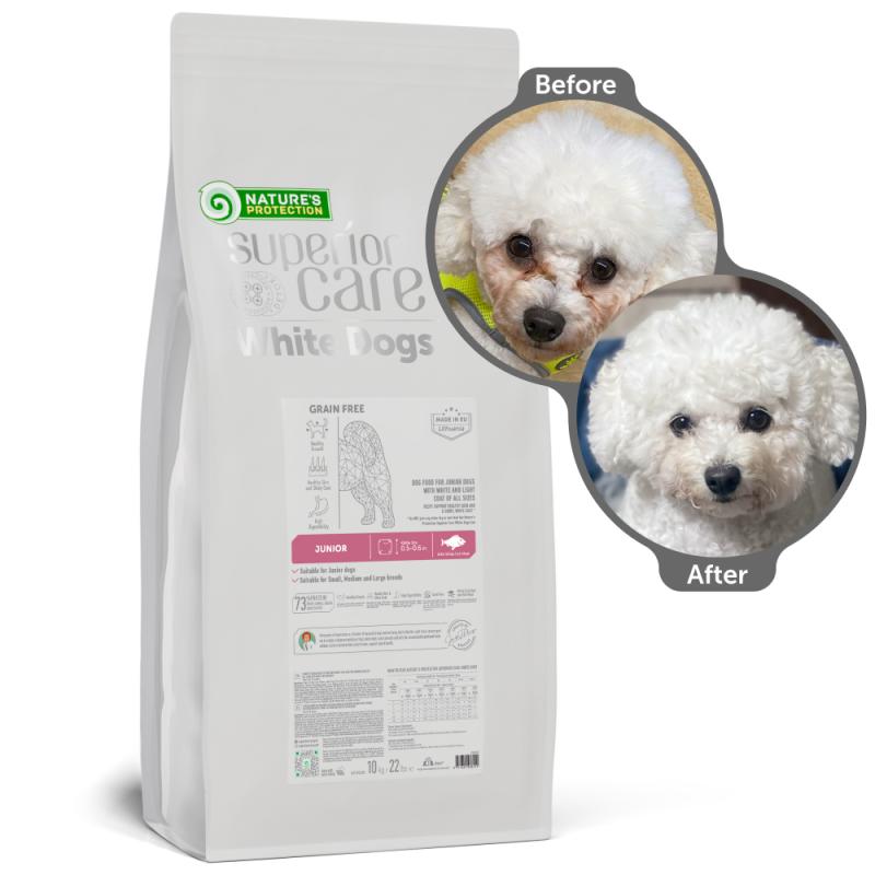 Nature's Protection Superior Care dry grain free pet food with white fish for growing dogs of all sizes with white coat