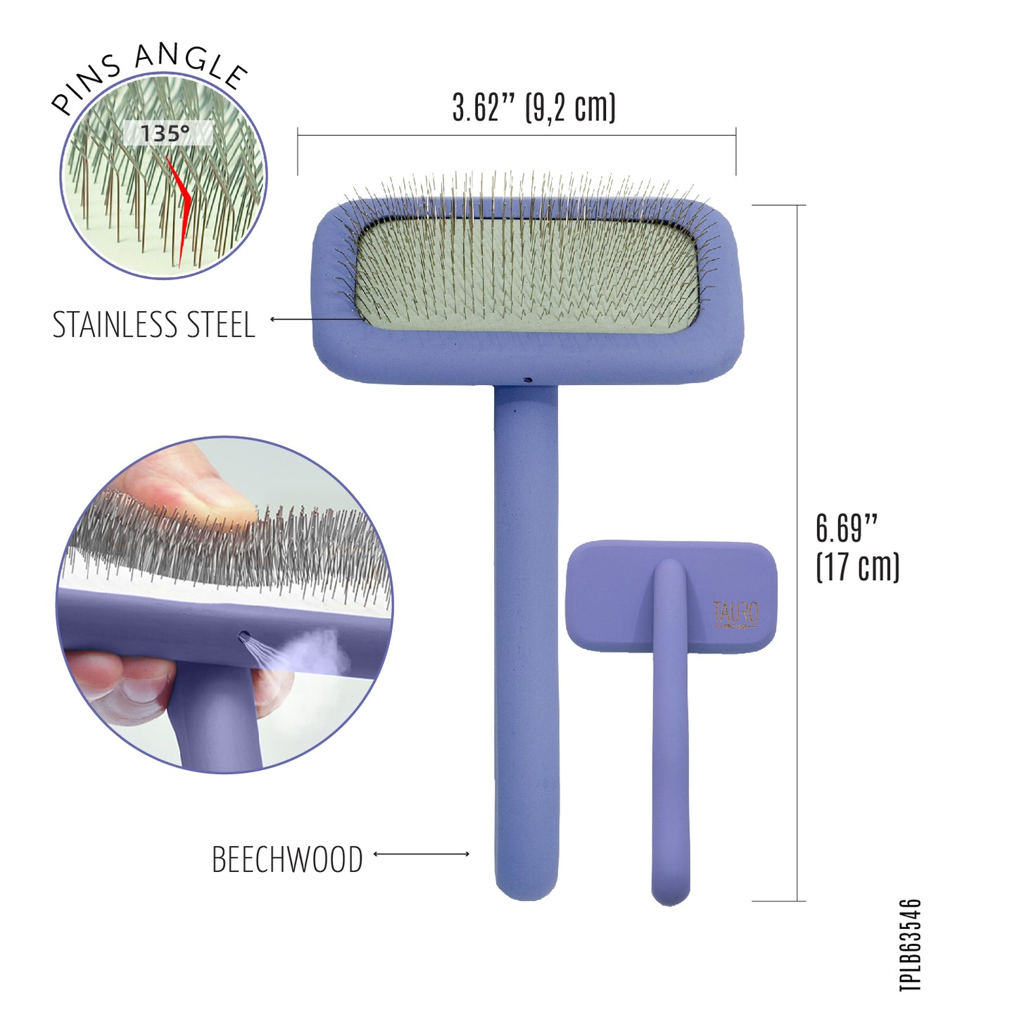 Ergonomic Rectangular Wooden Slicker Brush, 0.4” Pins