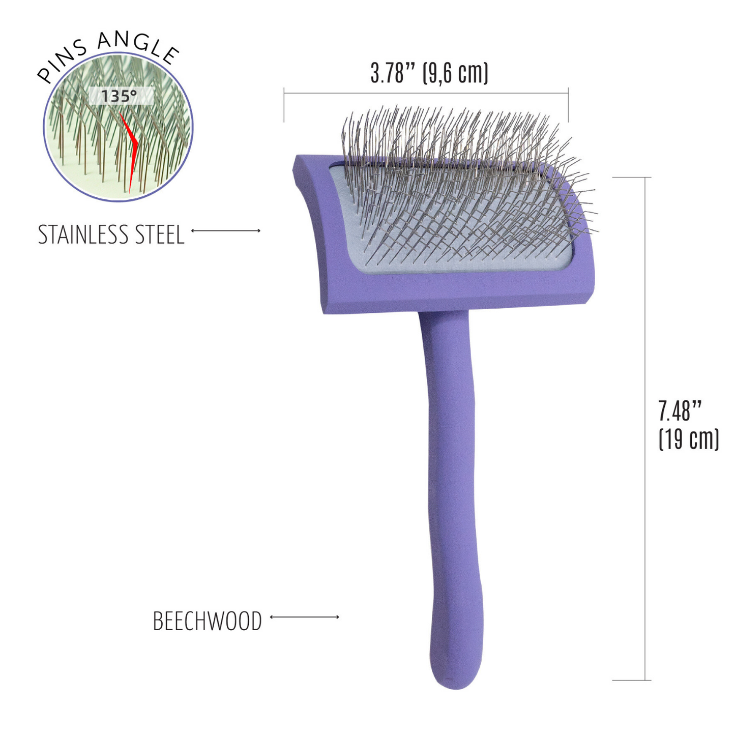 Ergonomic Rectangular Wooden Slicker Brush with Long Curved Pins (0.98”)
